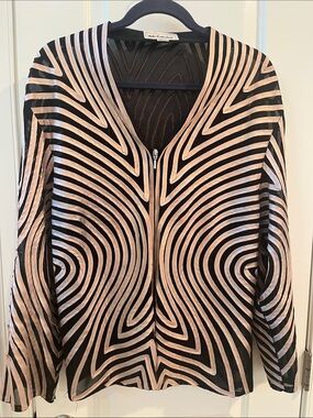 Elegant Y2K Rose Gold Ribbon & Black Geo Stripe Zip-Front Dressy Top, Plus size